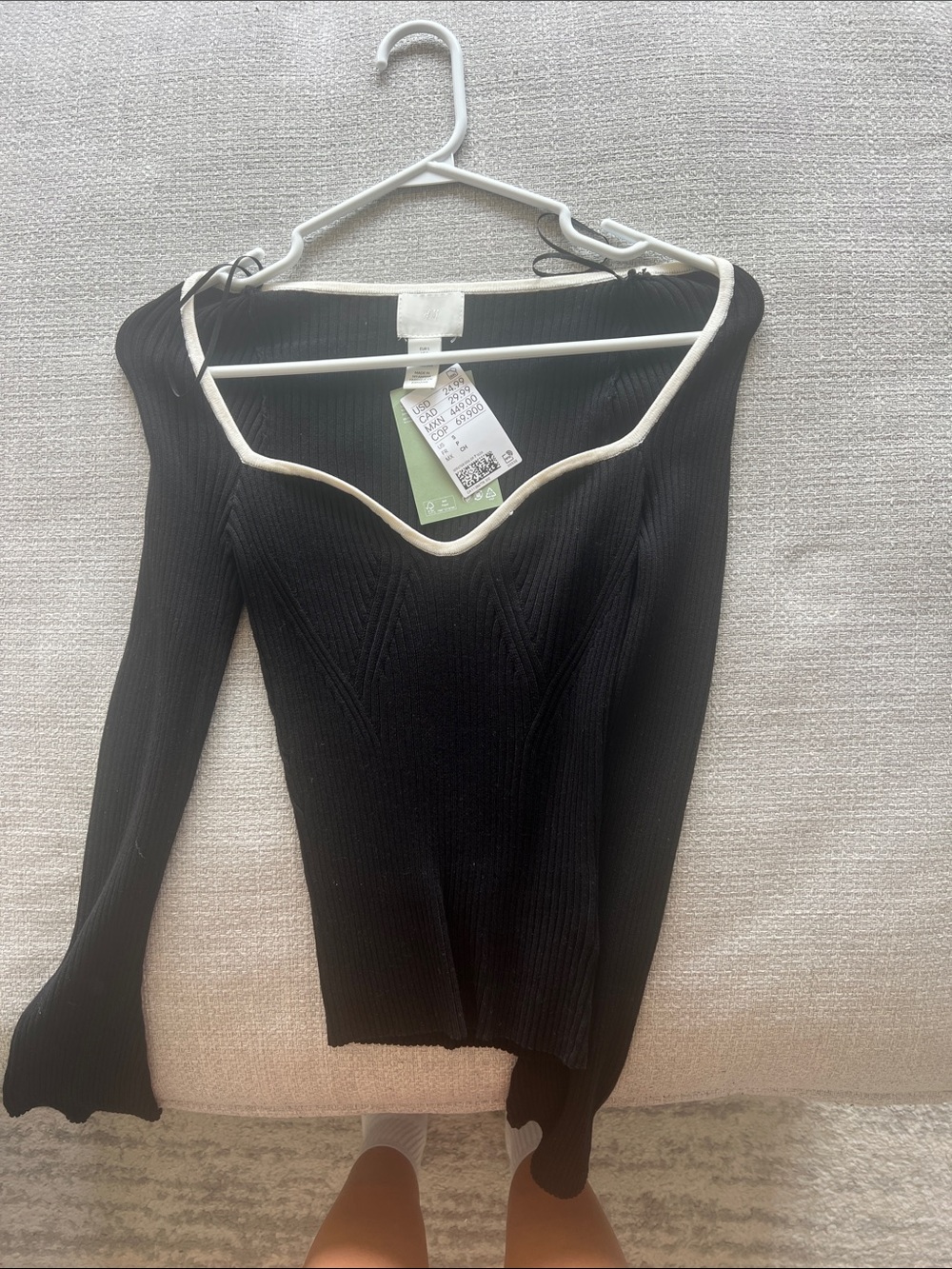 H&M Black Off-the-Shoulder Ribbed Sweater with Cream Trim
